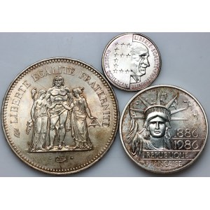 France, set of silver coins from 1974-1986, (3 pieces)