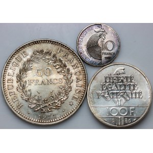 France, set of silver coins from 1974-1986, (3 pieces)