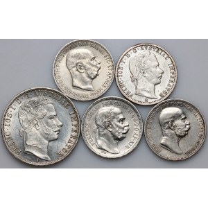 Austria, Ungheria, Francesco Giuseppe I, serie di monete d'argento del periodo 1860-1916, (5 pezzi)