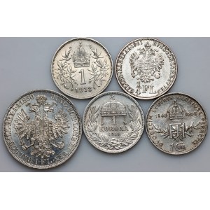 Austria, Ungheria, Francesco Giuseppe I, serie di monete d'argento del periodo 1860-1916, (5 pezzi)