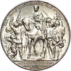 Německo, Prusko, Vilém II., 3 marky 1913 A, Berlín, 100. výročí bitvy u Lipska