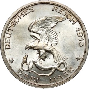 Německo, Prusko, Vilém II., 3 marky 1913 A, Berlín, 100. výročí bitvy u Lipska