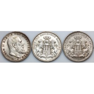 Německo, sada mincí v hodnotě 3 marky z let 1909–1914 (3 kusy)