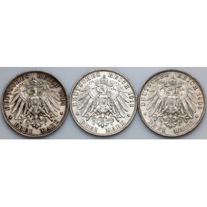 Německo, sada mincí v hodnotě 3 marky z let 1909–1914 (3 kusy)