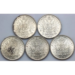 Austria, Franz Joseph, 2 Corona coin set 1912, Vienna, (5 pieces)
