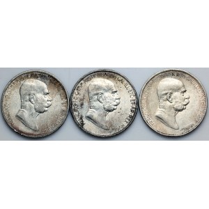 Autriche, François-Joseph Ier, série de pièces de 5 couronnes datant de 1908-1909 (3 pièces)