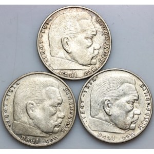 Germany, Third Reich, set of 2 Mark coins from 1937-1938, Paul von Hindenburg, (3 pieces)