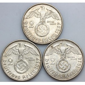 Germany, Third Reich, set of 2 Mark coins from 1937-1938, Paul von Hindenburg, (3 pieces)