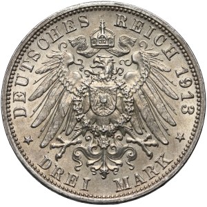 Germany, Saxony, Friedrich August III, 3 Mark 1913 E, Muldenhütten, Battle of Leipzig