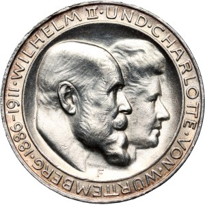 Germany, Wurttemberg, Wilhelm II, 3 Mark 1911 F, Stuttgart, Silver Wedding Anniversary