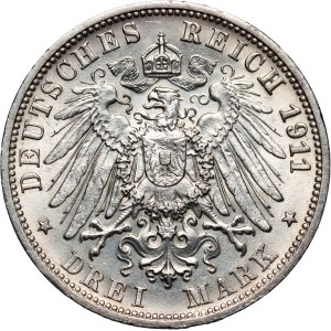Germany, Wurttemberg, Wilhelm II, 3 Mark 1911 F, Stuttgart, Silver Wedding Anniversary