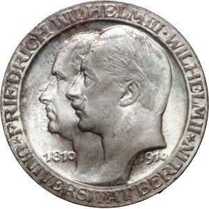 Germany, Prussia, Wilhelm II, 3 Mark 1910 A, 100th anniversary of the University of Berlin