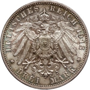 Germany, Saxony, Friedrich August III, 3 Mark 1913 E, Muldenhütten, Battle of Leipzig