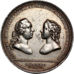 August III., medaila z roku 1747, svadba Fridricha Christiana a Antoníny Bavorskej