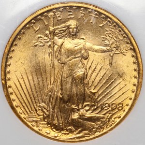 United States of America, 20 dollars 1908, Philadelphia, Saint Gaudens, no motto