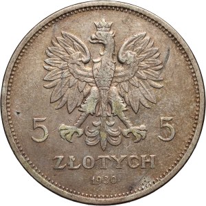 Second Polish Republic, 5 zlotych, 1930, Warsaw, Sztandar, plate stamp
