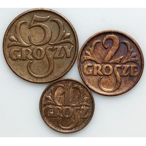 Second Polish Republic, set of 1, 2, and 5 groszy coins from 1928 (3 pieces)
