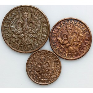 Second Polish Republic, set of 1, 2, and 5 groszy coins from 1928 (3 pieces)