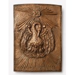 Copper plaque with a representation of a pelican feeding its young and Christian symbolism. Poland, pre-1939.