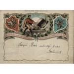 Patriotic Telegram. For national purposes! "Still the cup of our plight has many drops. One must suffer, drink slowly, drink to the bottom" [coats of arms of Lithuania and the Crown].