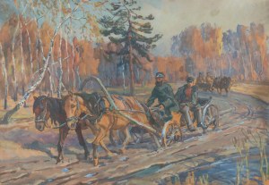 Jan Erazm Kotowski (1885 Opatkowiczki k. Pińczowa - 1960 Milanówek), Para bryczek na drodze