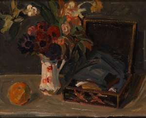Maurice Blond (1899 Łódź - 1974 Clamart we Francji), Martwa natura z bukietem kwiatów i szkatułką