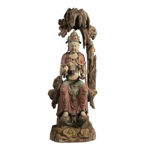 MONUMENTAL SCULPTURE OF BODHISATTVA GUANYIN SEATED ON A THRONE | (CHINA / CHINESE)