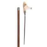 WALKING STICK WITH CONCEALED BLADE - HEAD OF A RENAISSANCE MAN IN A MORION | (CZECH / BOHEMIAN END OF THE 20TH CENTURY)