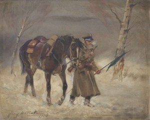 Jerzy Kossak (1886-1955), Żołnierz prowadzący konia, 1908
