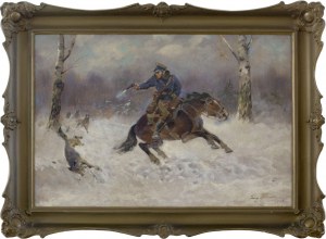 Jerzy Kossak (1886-1955), Żołnierz na koniu w walce z wilkami, 1938