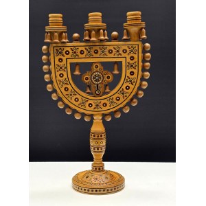Three-armed wooden Hutsul candlestick - Eastern Carpathians - 1st half of the 20th century. [Folk Art, Hutsul ]