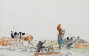 Wojciech Weiss (1875 Leorda na Bukowinie - 1950 Kraków), Scena rodzajowa - konie przy wozie, 1946 r.