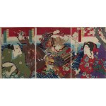 Morikawa Chikashige(czynny ok.1869-l.80.XIX w.), Scena ze sztuki kabuki „Kinkanban Tateshi no Hondana” - tryptyk