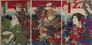 Morikawa Chikashige(czynny ok.1869-l.80.XIX w.), Scena ze sztuki kabuki „Kinkanban Tateshi no Hondana” - tryptyk