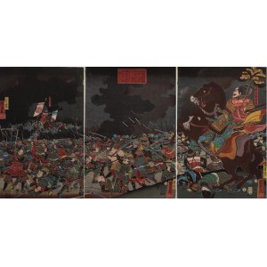 Utagawa Kuniyoshi, Wojska Takedy Shingena po zejściu z góry Seijo i przeprawie przez rzekę Amenomiya, walczą z Amakasu Kagemochi pod Kawanakajima w prowincji Shinshu-tryptyk, 1855