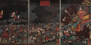 Utagawa Kuniyoshi, Wojska Takedy Shingena po zejściu z góry Seijo i przeprawie przez rzekę Amenomiya, walczą z Amakasu Kagemochi pod Kawanakajima w prowincji Shinshu-tryptyk, 1855