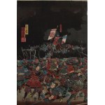 Utagawa Kuniyoshi, Wojska Takedy Shingena po zejściu z góry Seijo i przeprawie przez rzekę Amenomiya, walczą z Amakasu Kagemochi pod Kawanakajima w prowincji Shinshu-tryptyk, 1855