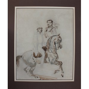 Piotr Michałowski, Soldier on horseback and sketch of military bust; reverse - sketches of heads of male riders and horses