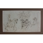 Piotr Michałowski, Soldier on horseback and sketch of military bust; reverse - sketches of heads of male riders and horses