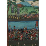 Utagawa Yoshitora, General Yoshitsune Minamoto goes to war - triptych