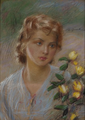 Stanisław Górski (1887 Kościan - 1955 Kraków), Portret kobiety z żółtymi różami