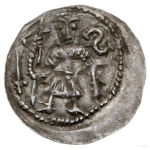 denar 1146-1157; Aw: Rycerz stojący na wprost z proporc...