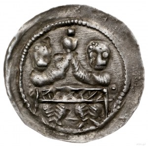 denar 1146-1157; Aw: Rycerz stojący na wprost z proporc...