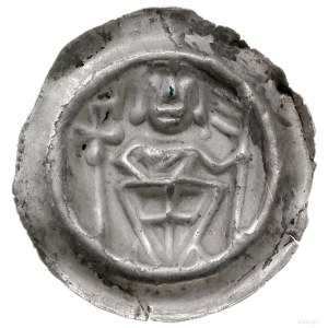brakteat, ok. 1247–1258; Długowłosa postać rycerza, trz...