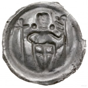 brakteat, ok. 1247–1258; Długowłosa postać rycerza, trz...