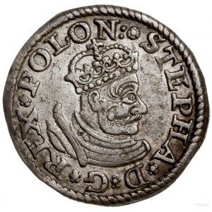 trojak 1580, Olkusz; Aw: Mała głowa króla w koronie i z...