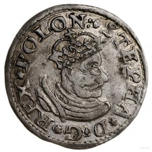 trojak 1580, Olkusz; Aw: Mała głowa króla w kronie i zb...