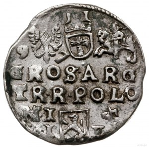 trojak 1597, Lublin; duża głowa króla, litery I-F, herb...