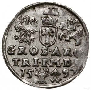 trojak 1597 Wilno; popiersie króla z kołnierzem, u dołu...