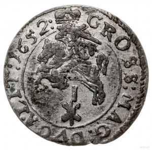 grosz 1652, Wilno; cyfra I oraz herb Gozdawa pod Pogoni...